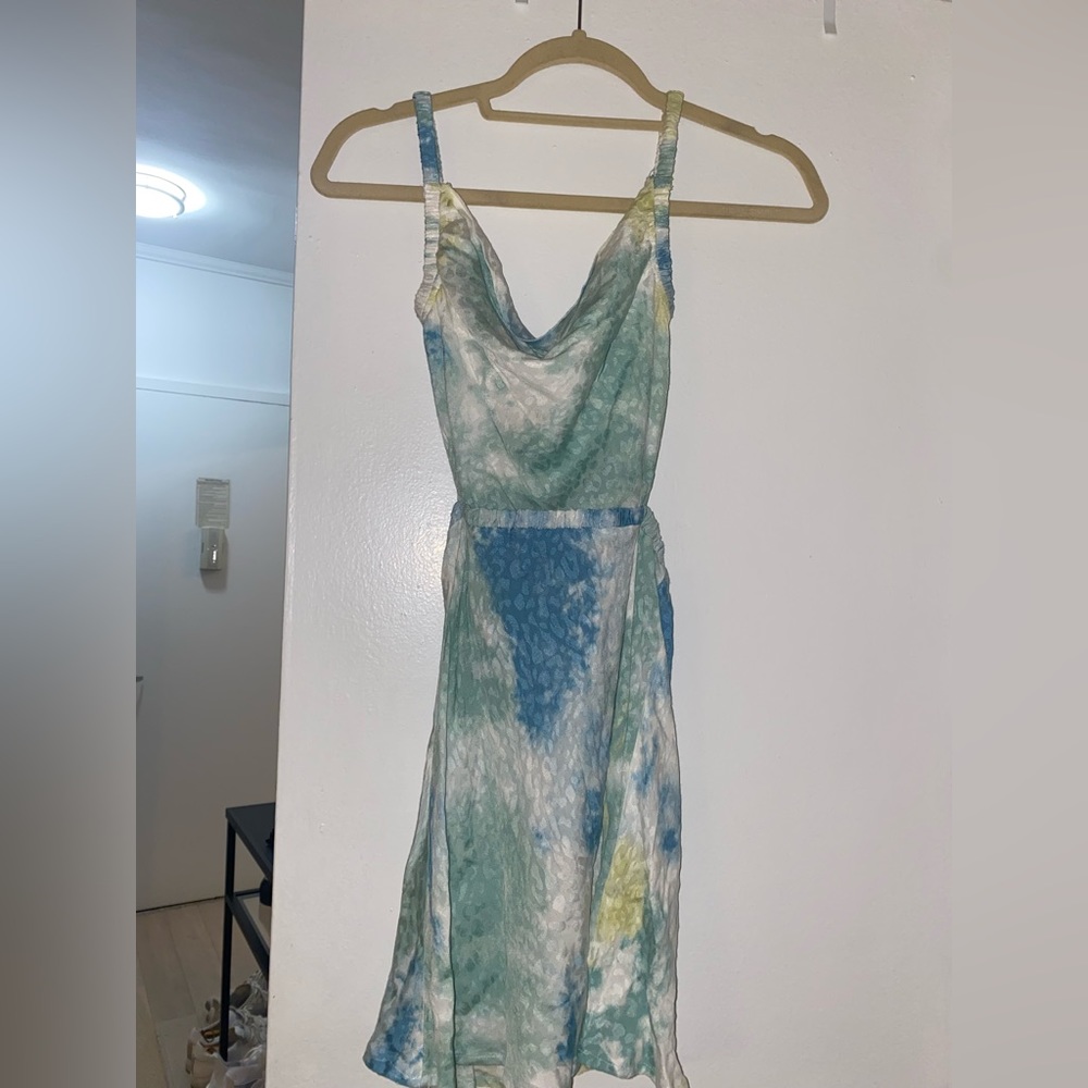 Sky To Moon cowl neck tie back mini dress. Blue/yellow/green/white tie dye